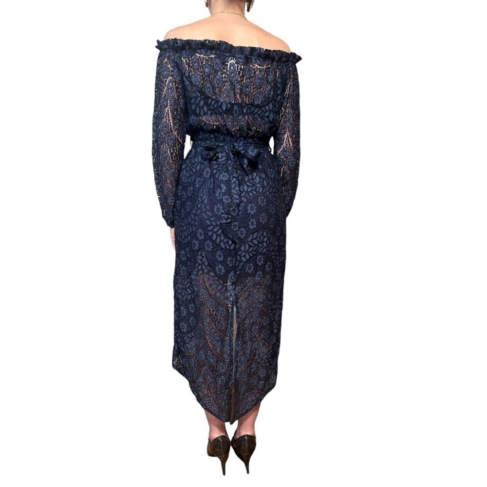 Jaase Navy Blue Lace Dress On or Off Shoulder Puffy Long Sheer Sleeve Hi Low Hem - Picture 3 of 8